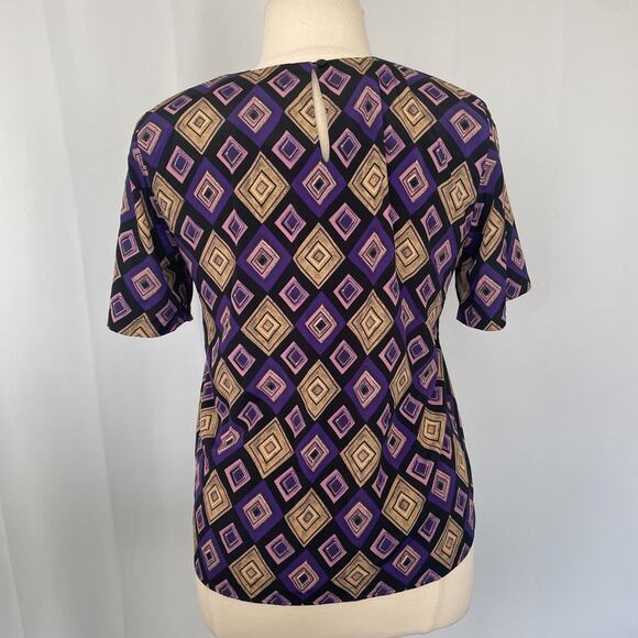 Blouse Top Size Large Purple Tan Geo Diamond Print Short Sleeve Shell Casual Vtg - Picture 6 of 10